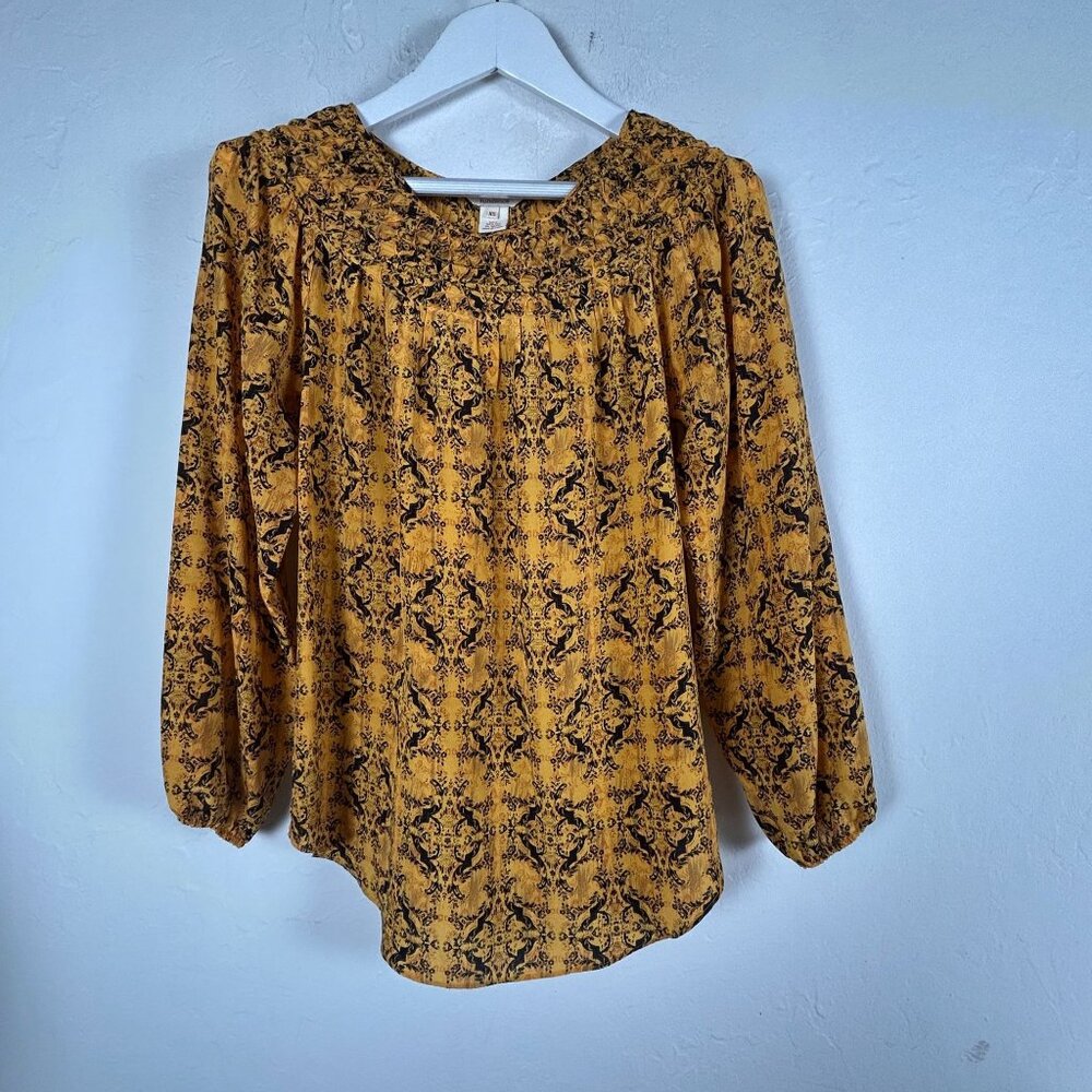 Sundance Womens Yellow & Black Abstract Print Long Sleeve Smocked Top XS Boho